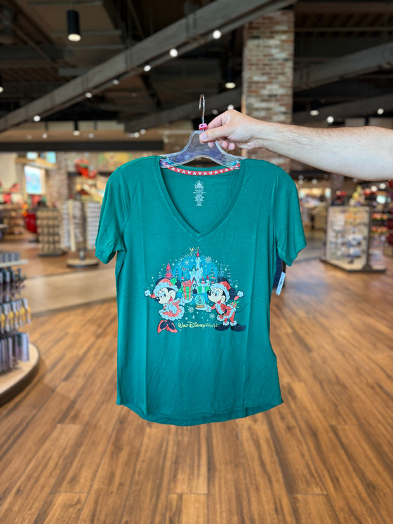 Mickey and Minnie Christmas V-Neck Green Tee